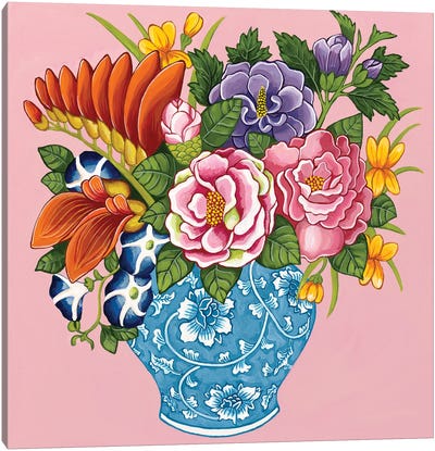 Chinoiserie Flowers Peonies Roses In Blue And White Ginger Jar On Pink Canvas Art Print - Floral & Botanical Patterns
