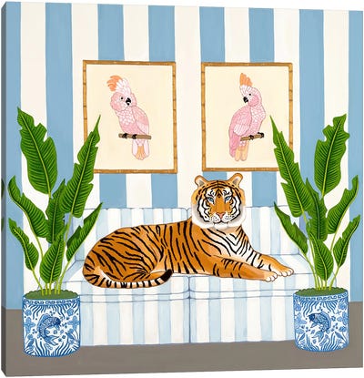 Chinoiserie Tiger With Ginger Jars And Pink Cockatoos Canvas Art Print - Stripe Patterns
