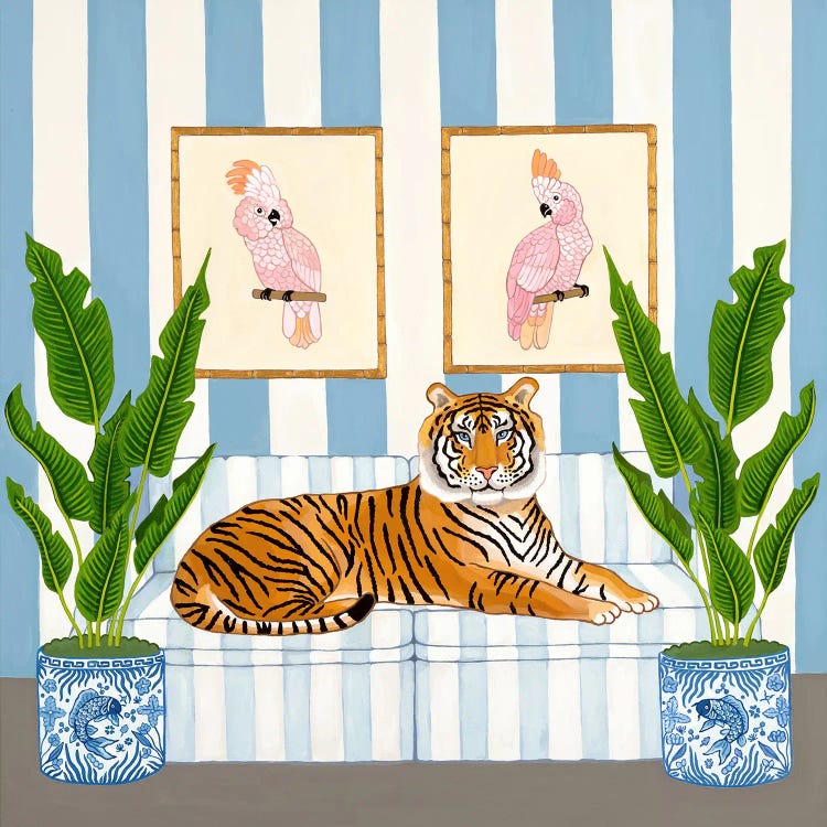 Chinoiserie Tiger With Ginger Jars And Pink Cockatoos by Green Orchid Boutique wall art