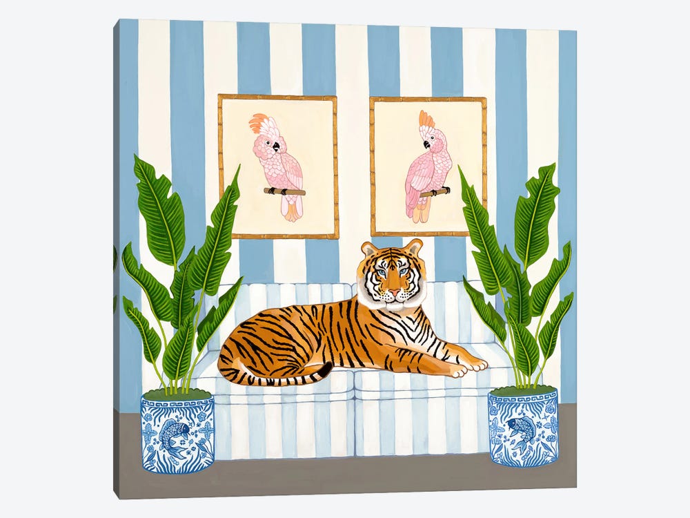 Chinoiserie Tiger With Ginger Jars And Pink Cockatoos by Green Orchid Boutique 1-piece Canvas Print