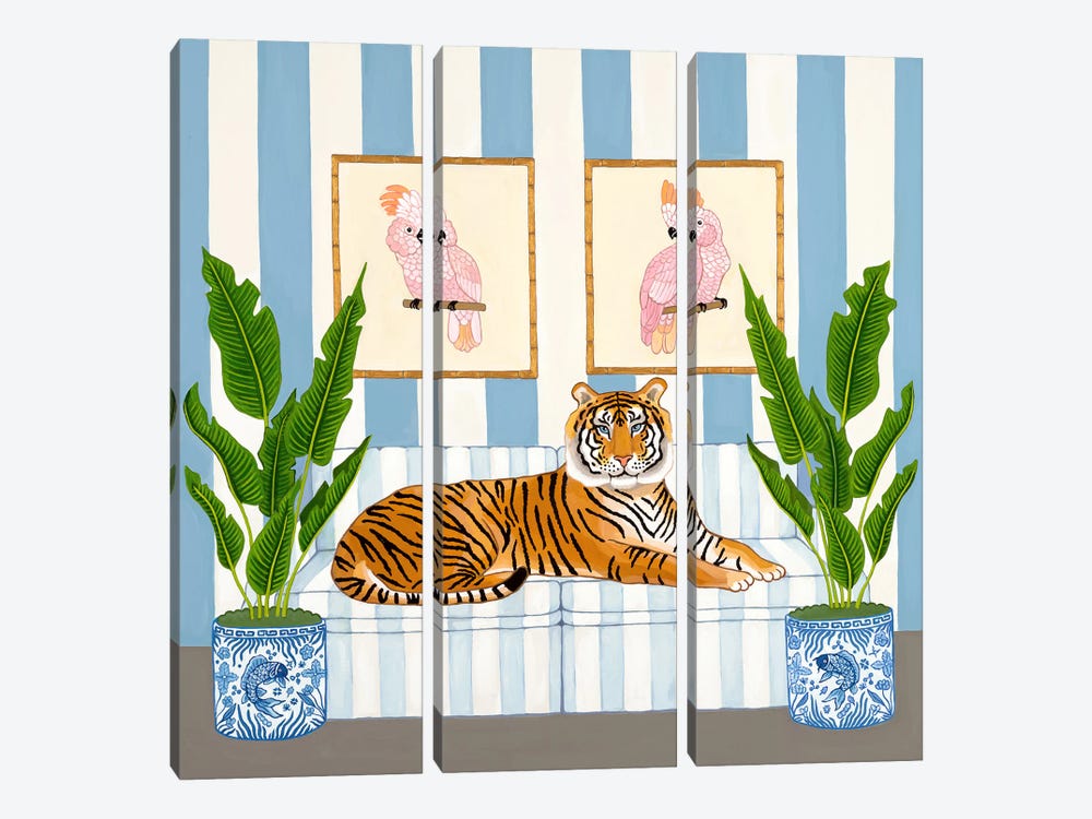 Chinoiserie Tiger With Ginger Jars And Pink Cockatoos by Green Orchid Boutique 3-piece Art Print