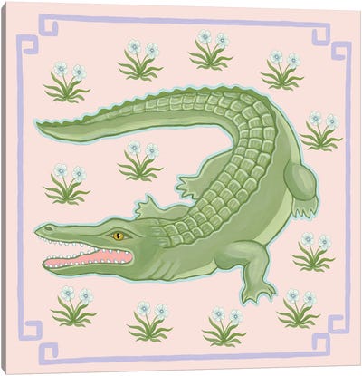 Chinoiserie Alligator With Mughal Flowers Canvas Art Print - Crocodile & Alligator Art