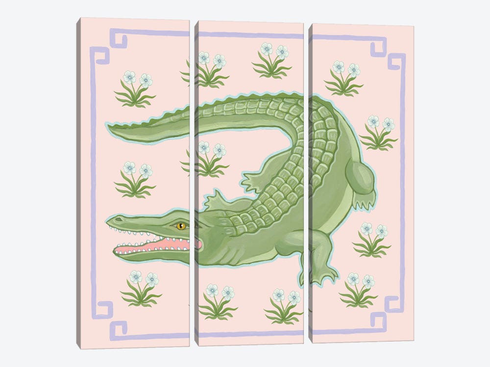 Chinoiserie Alligator With Mughal Flowers by Green Orchid Boutique 3-piece Canvas Artwork