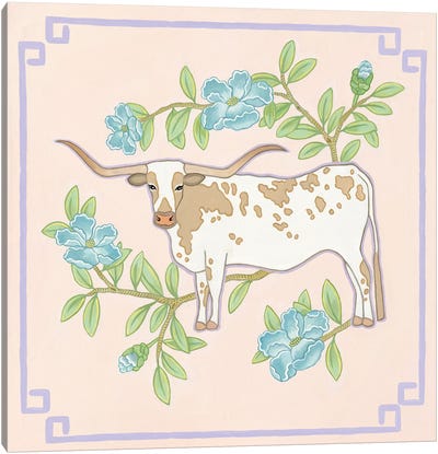 Chinoiserie Longhorn With Flowers Canvas Art Print - Green Orchid Boutique