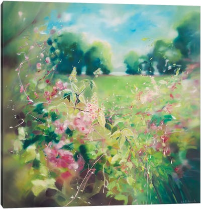 Through The Hedgerow, Countryside In Springtime Canvas Art Print - Green Art