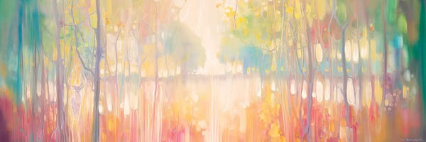 Refreshing Workspace: Autumn Calls, Panoramic Wide Canvas Of Lake Through Autumn Trees by Gill Bustamante