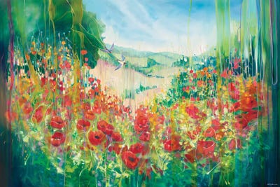 Nature Unleashed, An English Landscape With Poppies And Swallow by Gill Bustamante framed canvas print