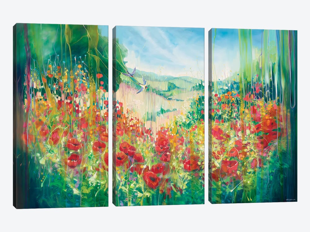 Nature Unleashed, An English Landscape With Poppies And Swallow by Gill Bustamante 3-piece Canvas Artwork