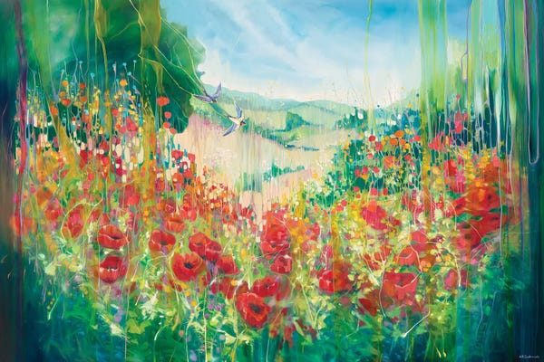 Poppies: Nature Unleashed, An English Landscape With Poppies And Swallow by Gill Bustamante