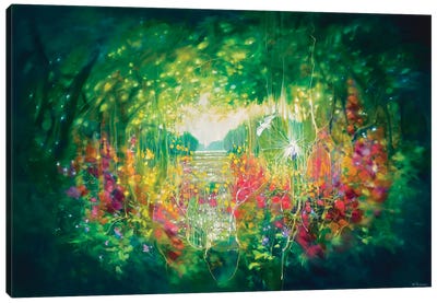 Song Of August, A Green Secret Garden With Lakes, Trees And White Egrets Canvas Art Print - Gill Bustamante