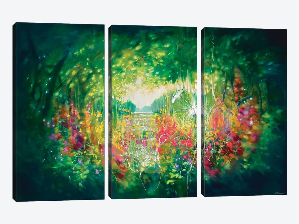 Song Of August, A Green Secret Garden With Lakes, Trees And White Egrets by Gill Bustamante 3-piece Canvas Print