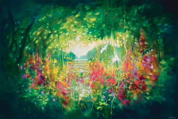 Gill Bustamante: Song Of August, A Green Secret Garden With Lakes, Trees And White Egrets by Gill Bustamante