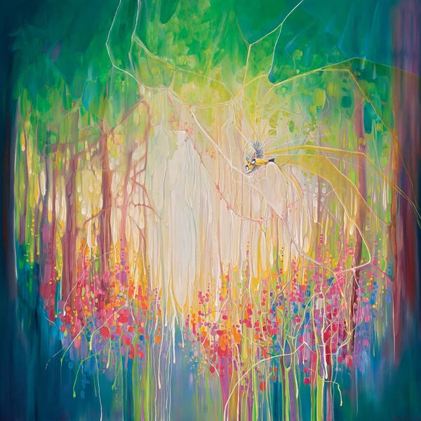 Gill Bustamante: Woodland Portal, An English Bluebell Wood With Blue Tit Birds by Gill Bustamante
