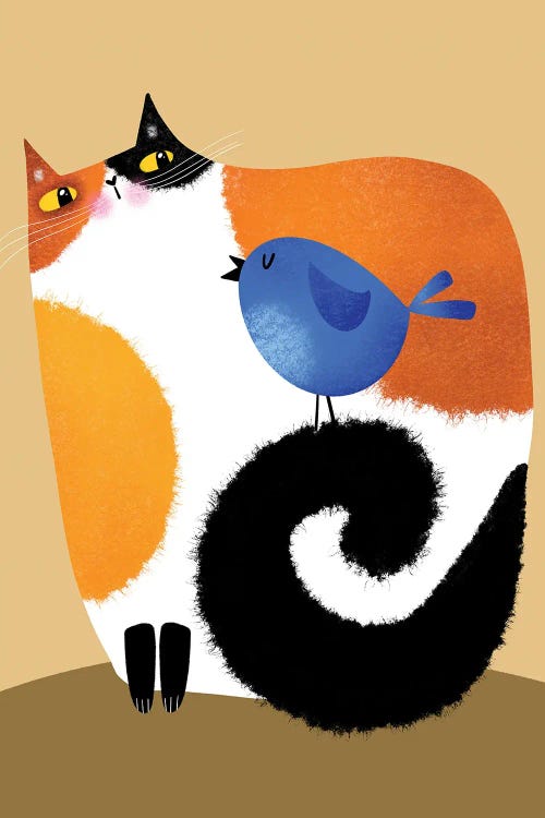 Calico Cat and Bluebird