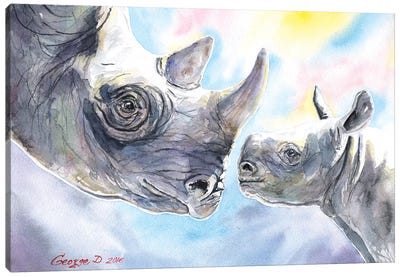 Rhino Family Canvas Art Print - Rhinoceros Art