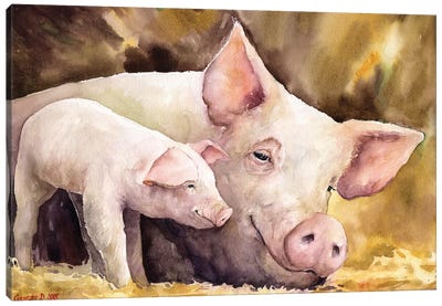Mother And Baby Canvas Art Print - Pig Art