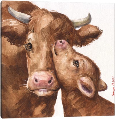 Cow Mother And Her Calf Canvas Art Print - Cow Art