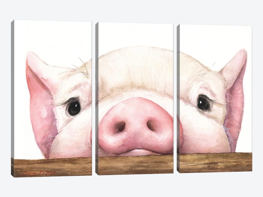 Piglet With Wood Fence by George Dyachenko 3-piece Canvas Artwork