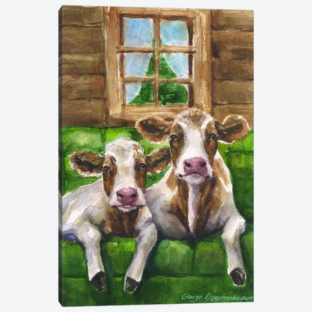 Two Cows On Green Sofa Canvas Print #GDY343} by George Dyachenko Art Print