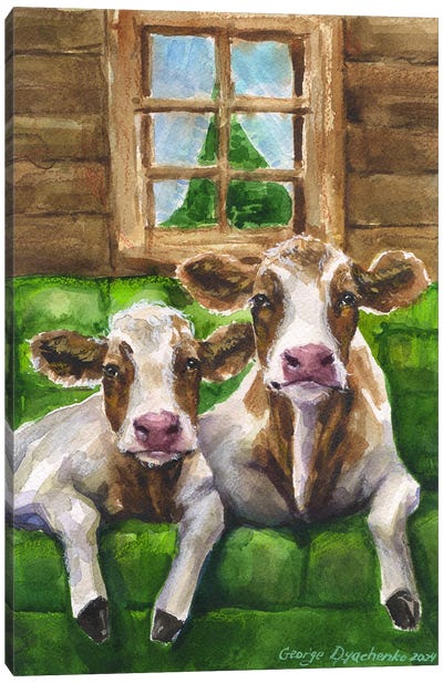 Two Cows On Green Sofa Canvas Art Print - George Dyachenko