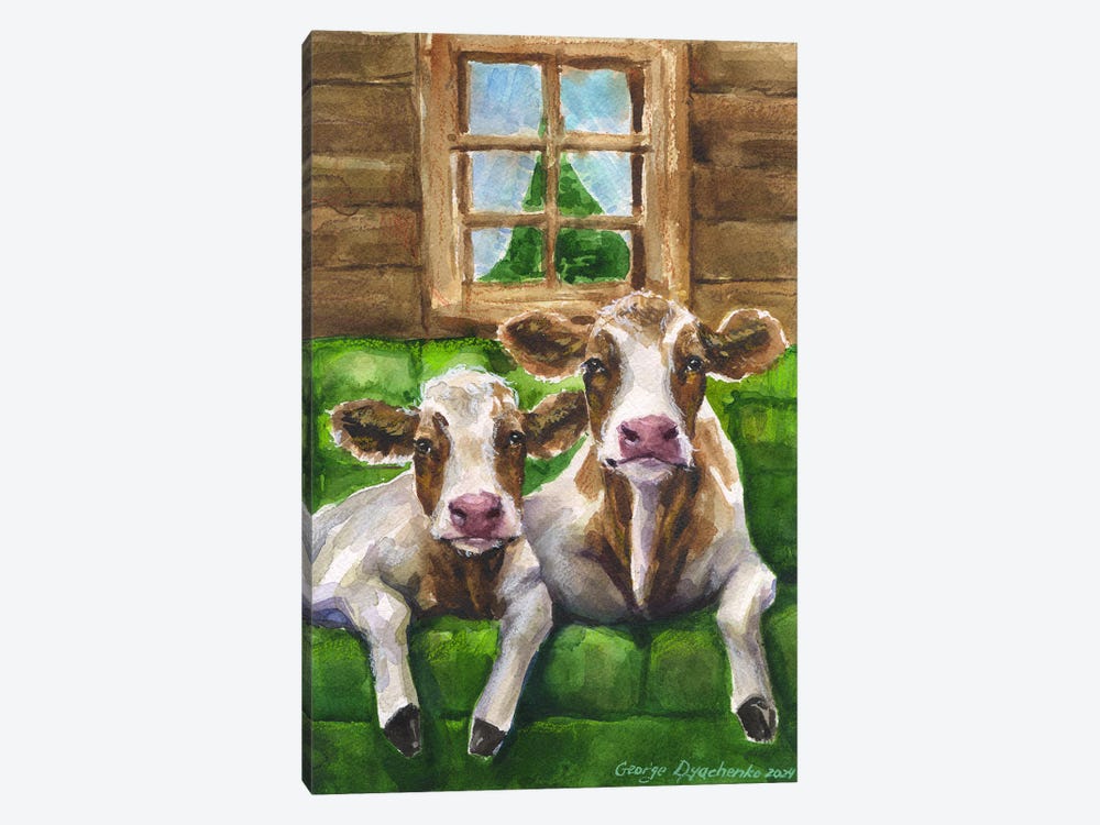 Two Cows On Green Sofa by George Dyachenko 1-piece Canvas Art Print
