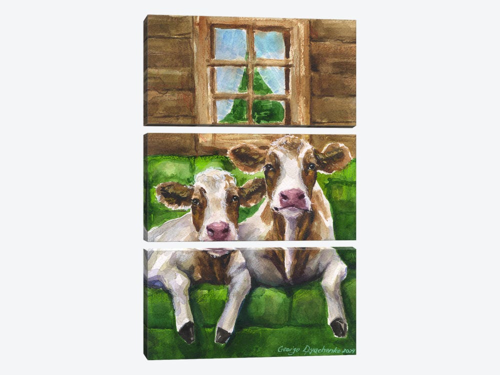 Two Cows On Green Sofa by George Dyachenko 3-piece Canvas Print