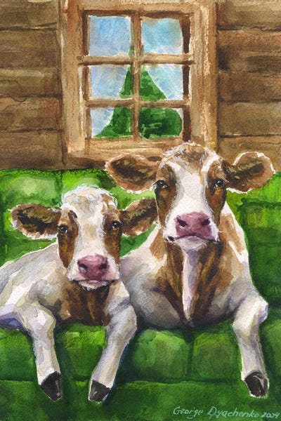 Two Cows On Green Sofa