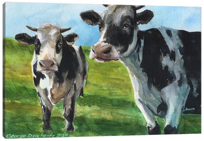 Two Cows On The Field Canvas Art Print - George Dyachenko