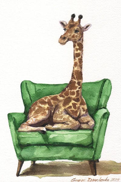 George Dyachenko: Cute Giraffe On Green Chair. Vertical Composition by George Dyachenko