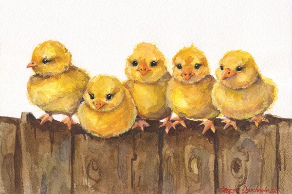 Chickens & Roosters: Chicks On The Fence by George Dyachenko