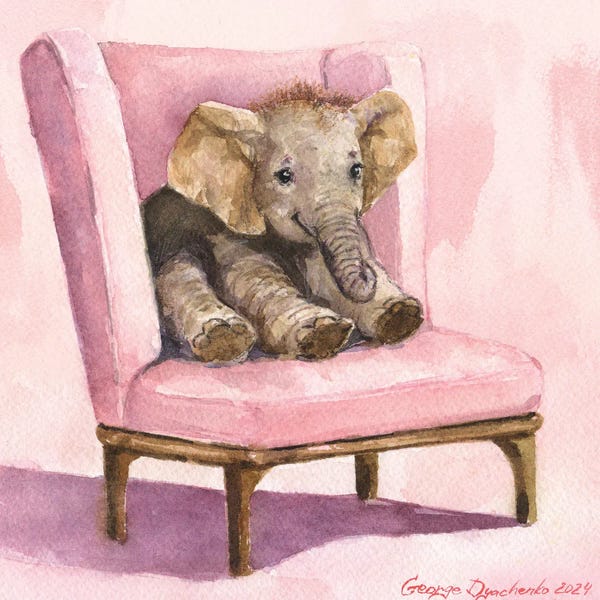 George Dyachenko: Elephant Baby On Pink Chair by George Dyachenko