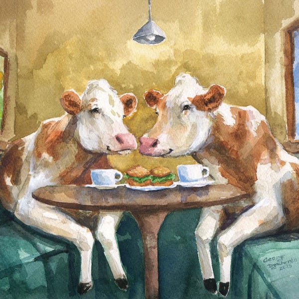 Two Cows Have A Lunch In A Cafe