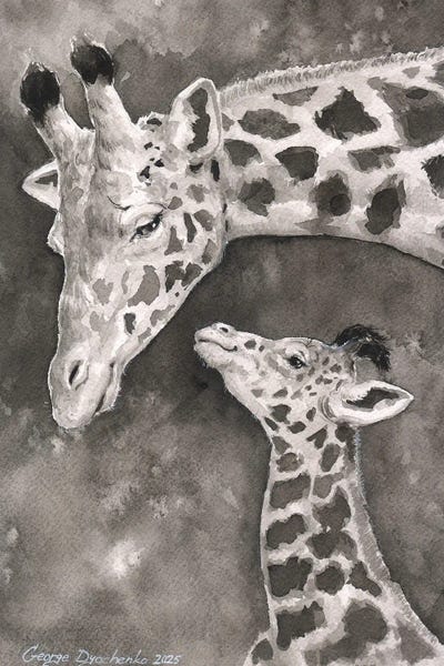 Giraffes: Giraffe And Her Baby In Black And White by George Dyachenko