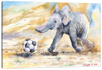 Elephant Calf And Ball Canvas Art Print - George Dyachenko
