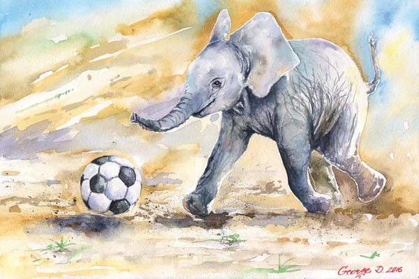 Kids Sports Art: Elephant Calf And Ball by George Dyachenko