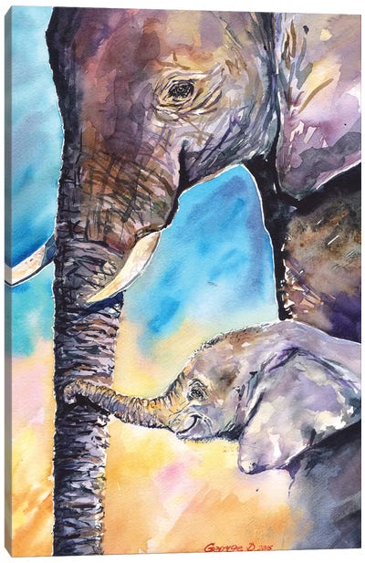Elephant Mother & Calf Canvas Art Print - Baby Animal Art