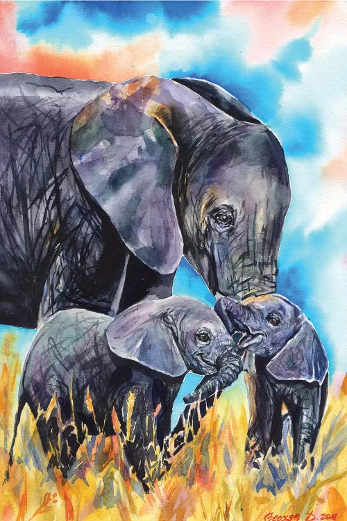 Elephant Mother & Calves by George Dyachenko wall art