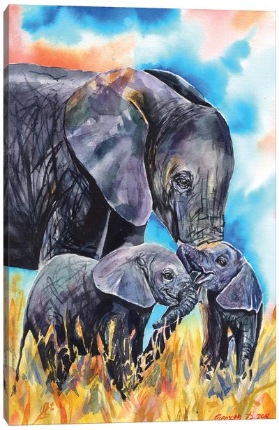 Elephant Mother & Calves Canvas Art Print - Baby Animal Art