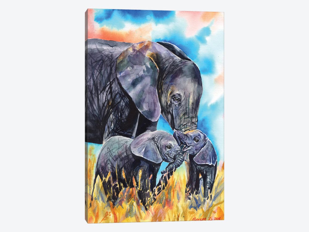 Elephant Mother & Calves by George Dyachenko 1-piece Art Print