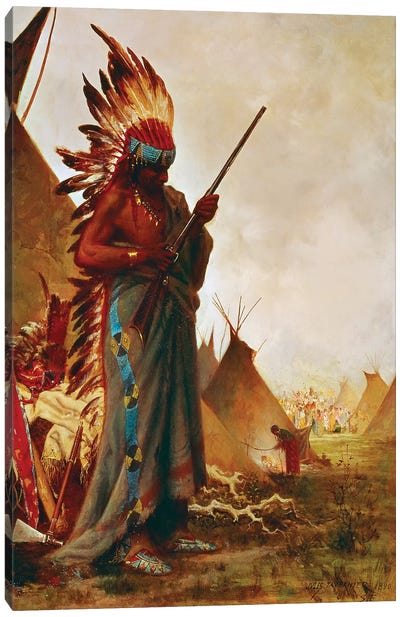 Native American And Rifle Canvas Art Print - Indigenous & Native American Culture