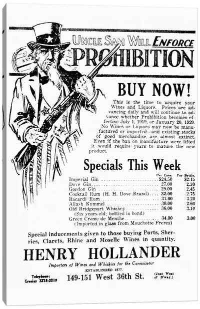 Prohibition, 1919 Canvas Art Print
