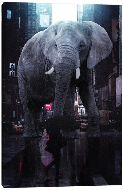 Giant Elephant In Rainy Street Canvas Art Print - Gentle Giants