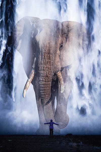 Giant Elephant In Waterfall by GEN Z framed canvas print