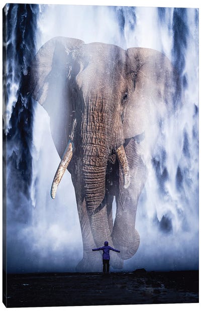 Giant Elephant In Waterfall Canvas Art Print - Gentle Giants