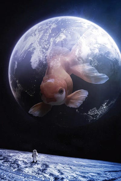Giant Goldfish In Space With Bubble Earth by GEN Z framed wall art