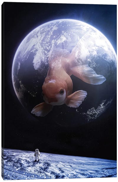 Giant Goldfish In Space With Bubble Earth Canvas Art Print - Earth Art