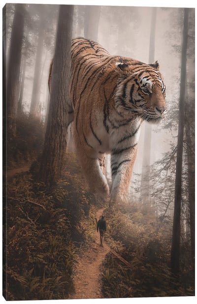 Giant Tiger Walking In Forest Canvas Art Print - Gentle Giants