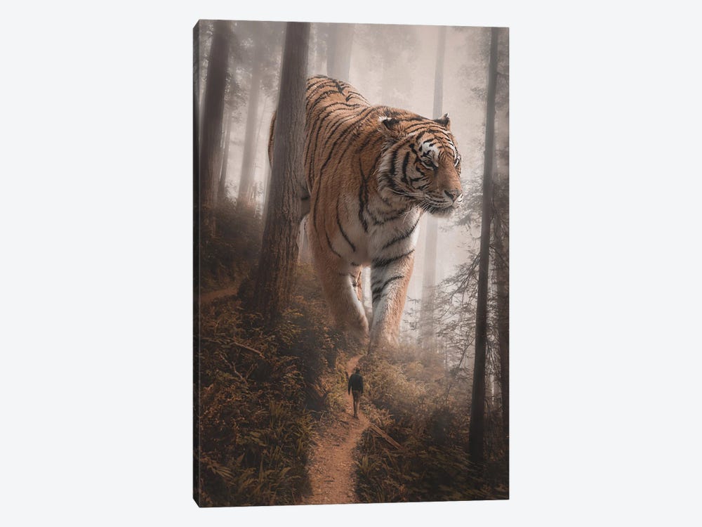 Giant Tiger Walking In Forest Canvas Wall Art by GEN Z | iCanvas