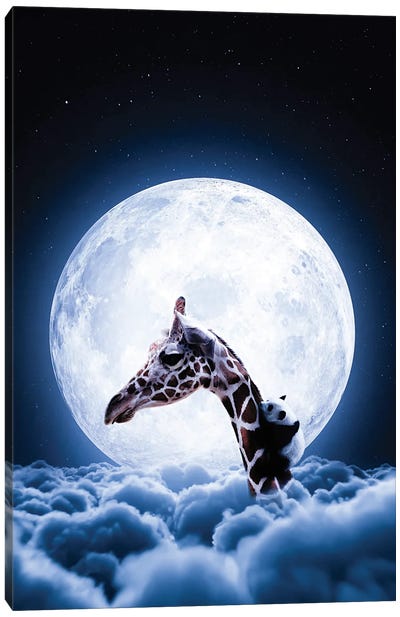 Giraffe And Cute Baby Panda In Front Of Full Moon Canvas Art Print - Art Gifts for Kids & Teens