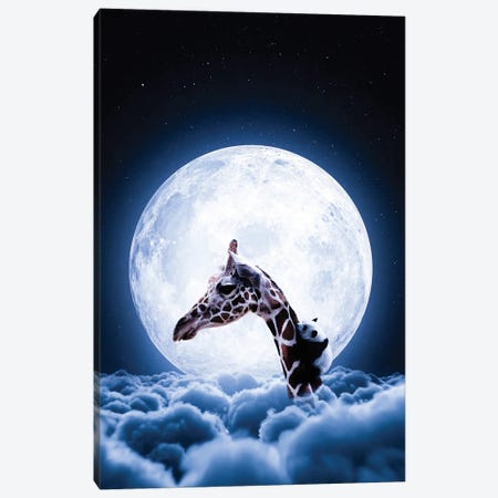 Giraffe And Cute Baby Panda In Front Of Full Moon Canvas Print #GEZ105} by GEN Z Canvas Art